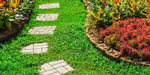 Stepping stones in lawn through landscaping